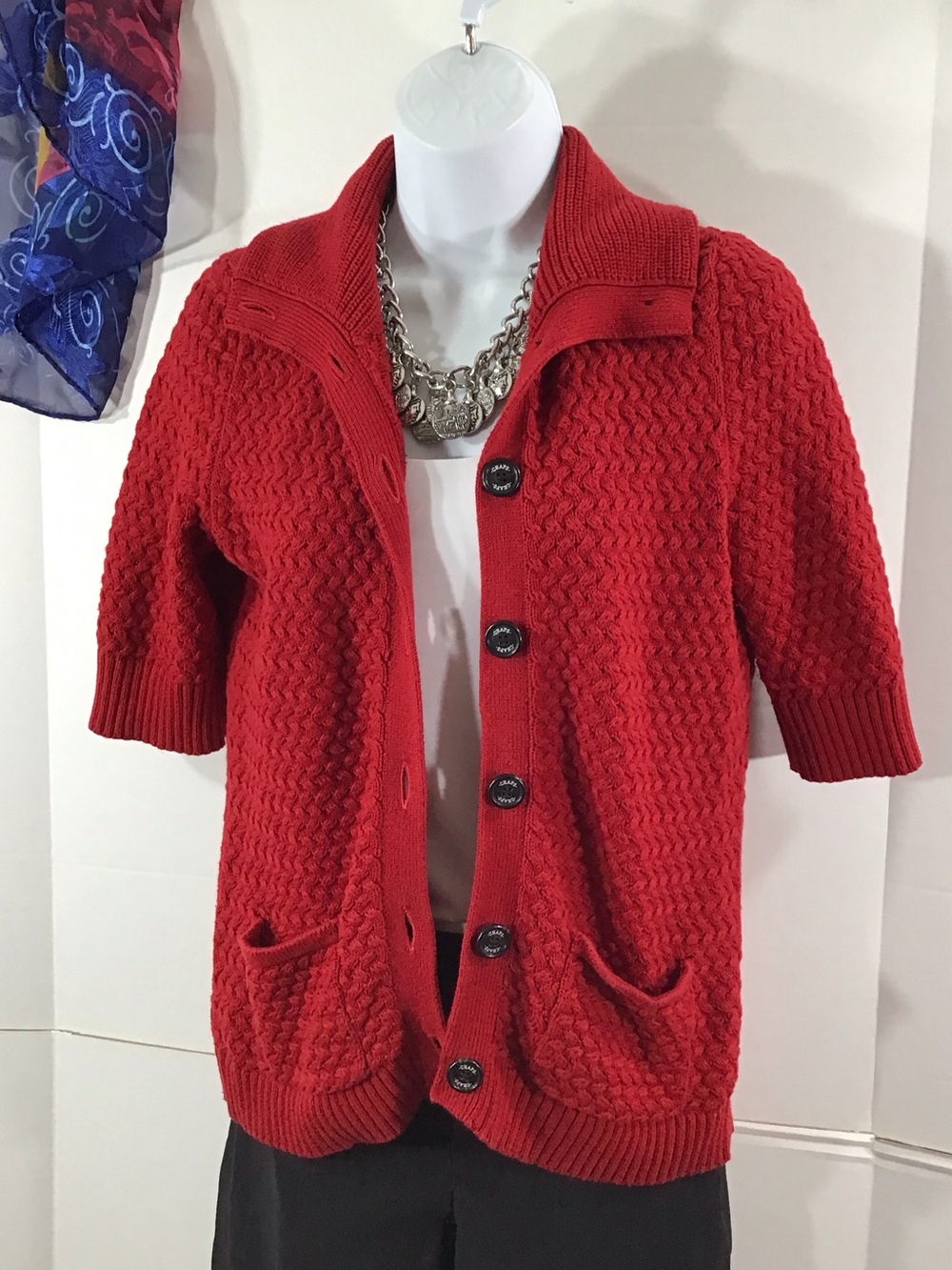Chaps Vtg Red  cotton open weave Knit Button-Up Cardigan PM